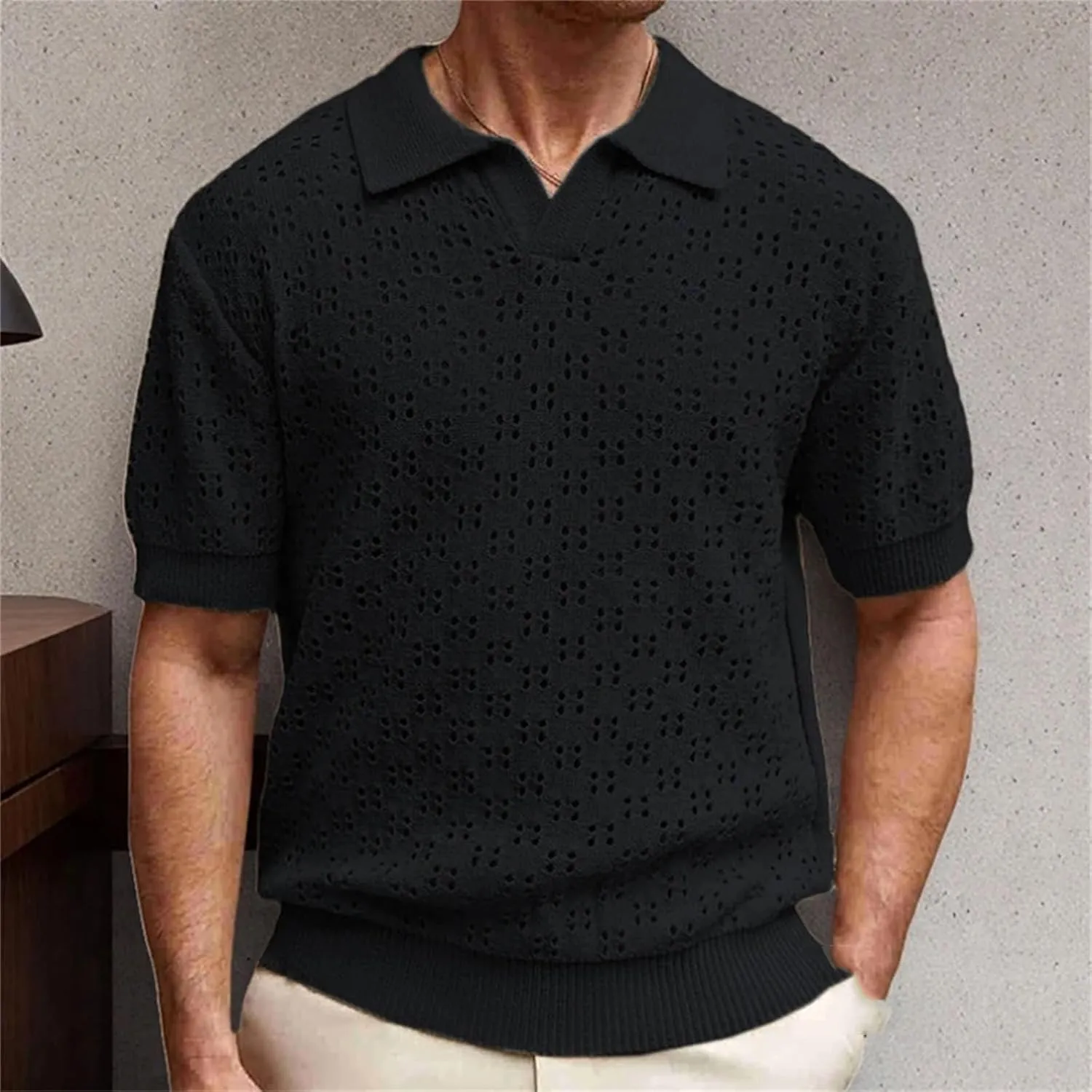 Mens Casual Mesh Knit Buttoned Lapel Short Sleeve Polo Shirt for Daily Leisure Hollow Out Tops