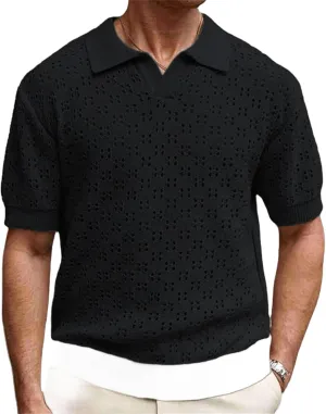 Mens Casual Mesh Knit Buttoned Lapel Short Sleeve Polo Shirt for Daily Leisure Hollow Out Tops
