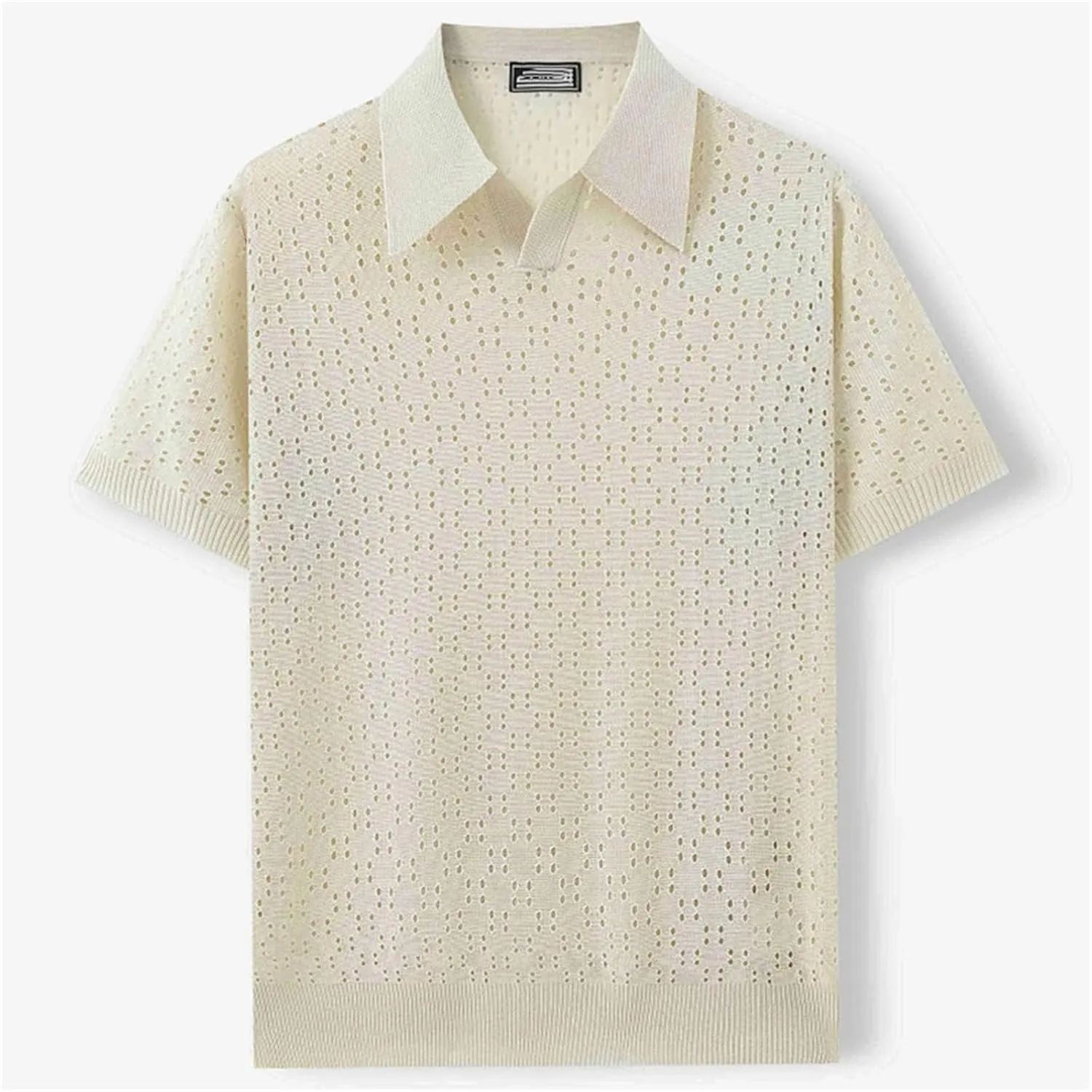 Mens Casual Mesh Knit Buttoned Lapel Short Sleeve Polo Shirt for Daily Leisure Hollow Out Tops