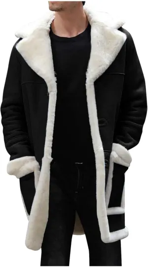 Mens Casual Sherpa Fleece Lined Jackets Winter Warm Fur Collar Long Trench Coats Big and Tall Outwears with Pockets Black