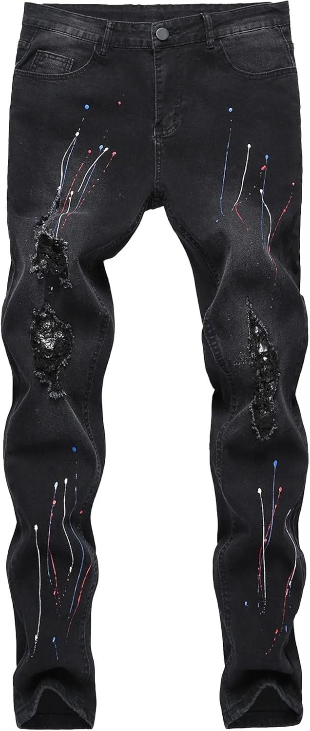 Men's Handsome Hole Slimming Pants Fashionable Trend Calf Pants Simple and Comfortable Slim high-Waisted Jeans