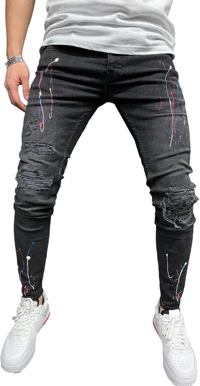 Men's Handsome Hole Slimming Pants Fashionable Trend Calf Pants Simple and Comfortable Slim high-Waisted Jeans
