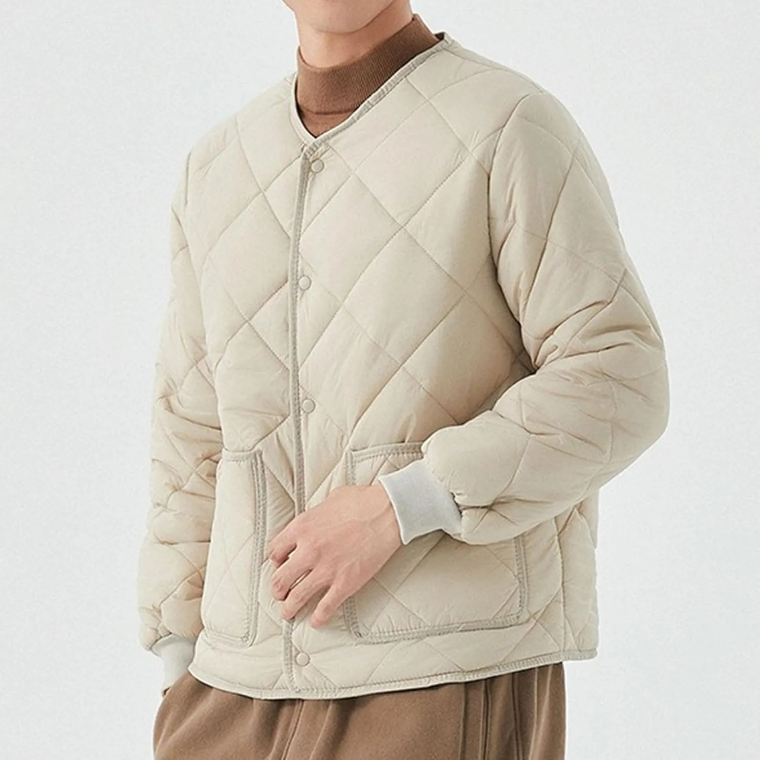 Mens Long-Sleeved Diamond Quilted Jacket Winter Warm Padded Coats Outwear Thicken Solid V Neck Cotton Coat