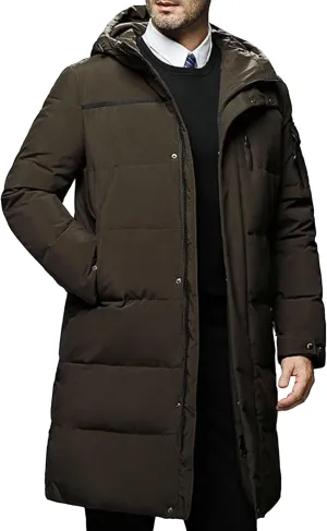 Men's Long Winter Warm Down Coats Padded Hood Puffy Quilted Jacket Insulated Heavyweight Hooded Coat