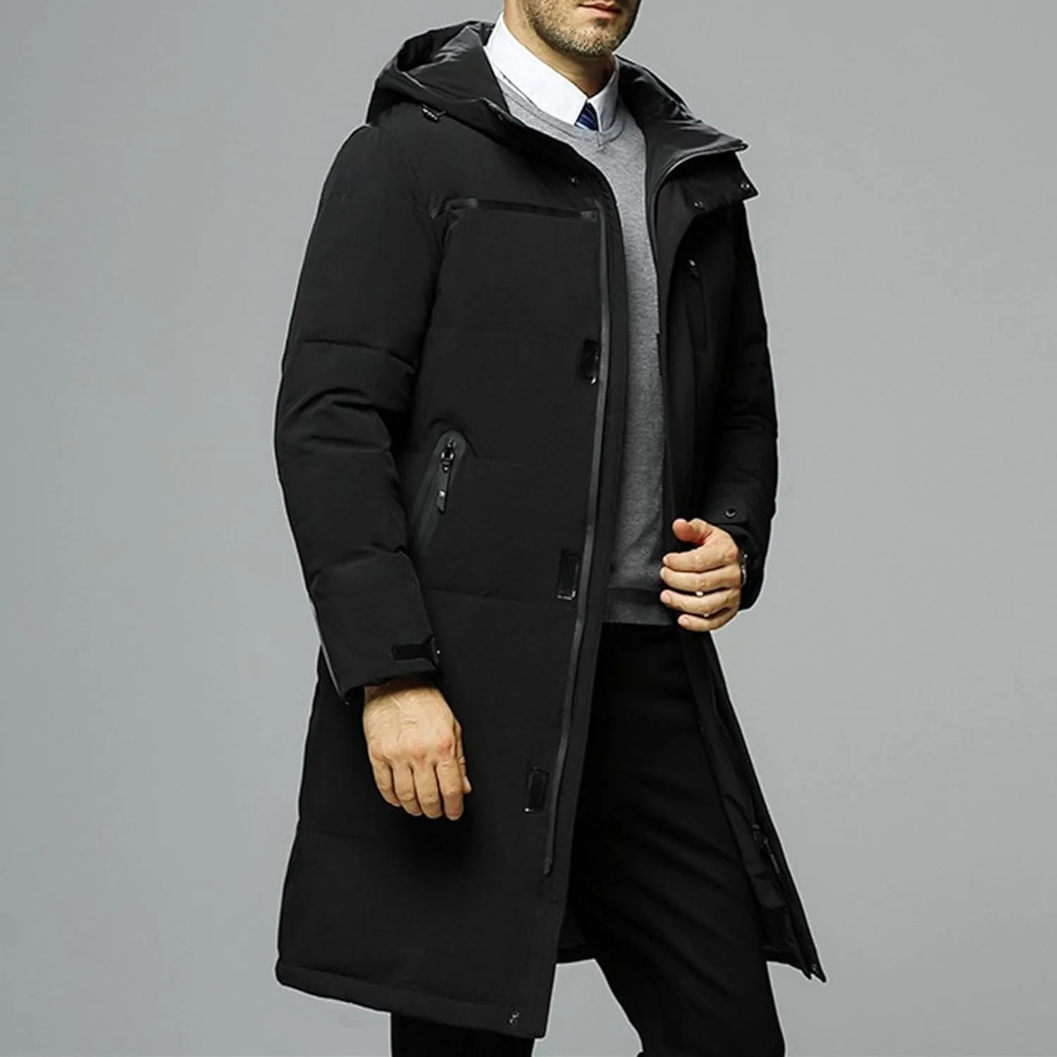 Men's Long Winter Warm Down Coats Padded Hood Puffy Quilted Jacket Insulated Heavyweight Hooded Coat