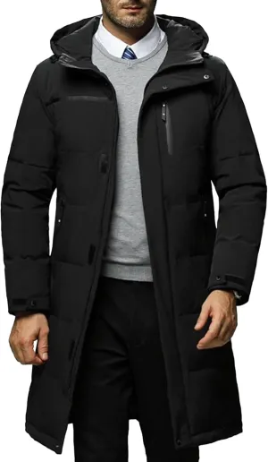 Men's Long Winter Warm Down Coats Padded Hood Puffy Quilted Jacket Insulated Heavyweight Hooded Coat