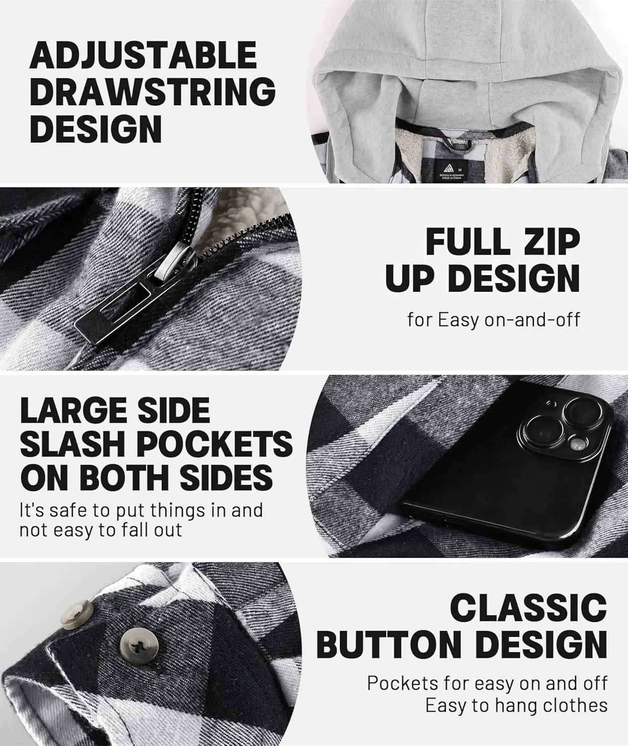 Men's Thick Fleece Plaid Jacket Flannel Shirts Sherpa Lined Full Zip Up Hoodie Winter Coat with Pockets