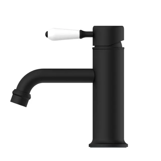 Nero York Straight Basin Mixer With White Porcelain Lever Matte Black