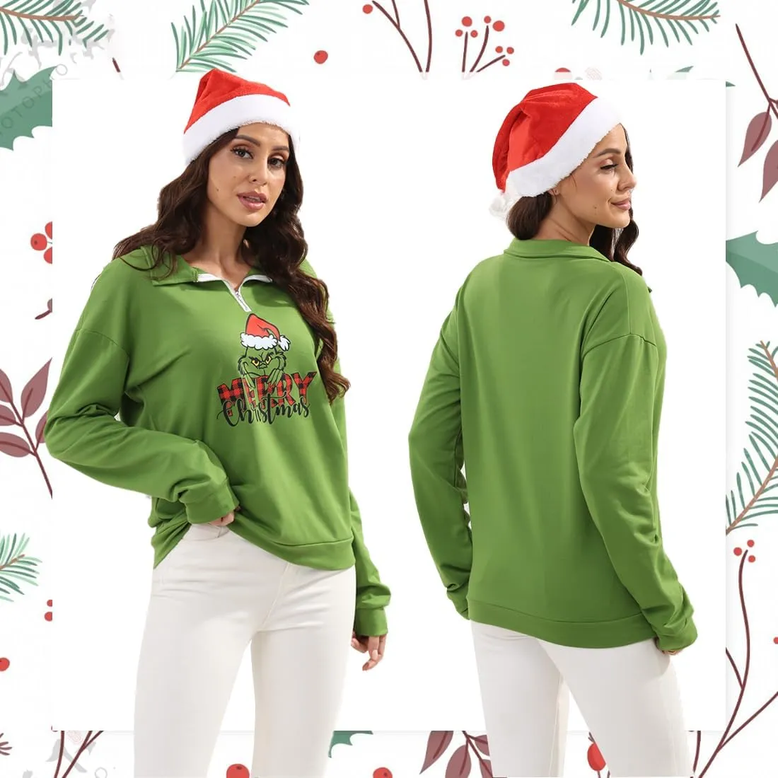 New Pullover Ugly Christmas Sweaters Cartoon Character Green Monster Print Unisex Sweatshirt with Christmas Hat
