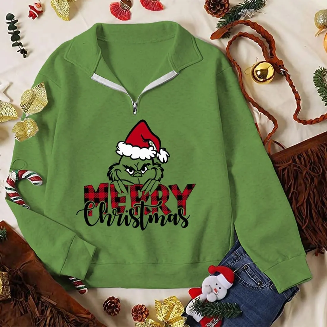 New Pullover Ugly Christmas Sweaters Cartoon Character Green Monster Print Unisex Sweatshirt with Christmas Hat