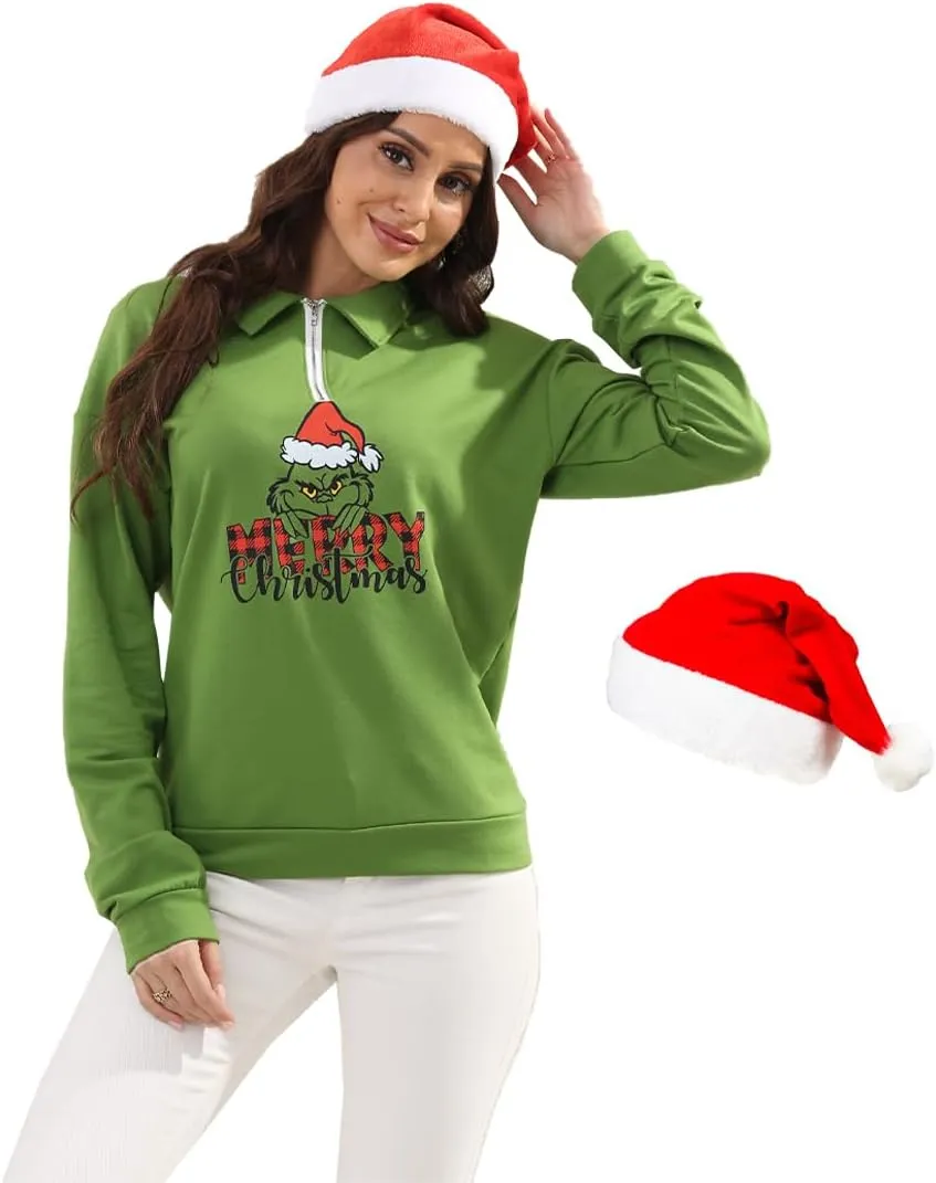 New Pullover Ugly Christmas Sweaters Cartoon Character Green Monster Print Unisex Sweatshirt with Christmas Hat
