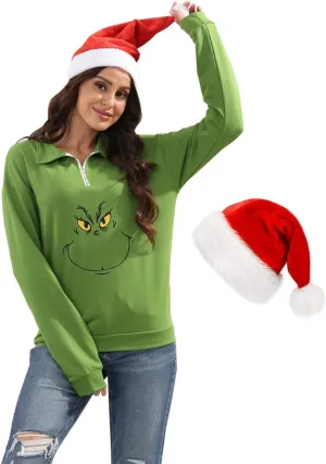 New Pullover Ugly Christmas Sweaters Cartoon Character Green Monster Print Unisex Sweatshirt with Christmas Hat
