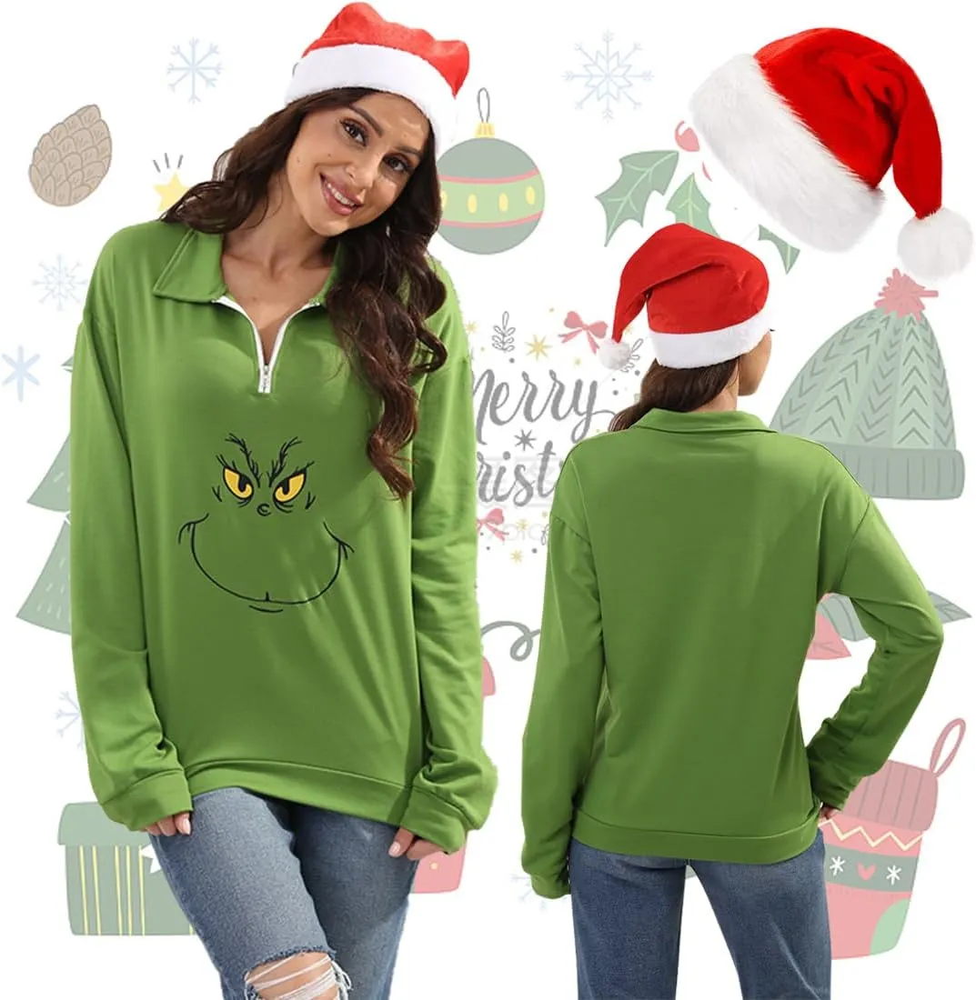 New Pullover Ugly Christmas Sweaters Cartoon Character Green Monster Print Unisex Sweatshirt with Christmas Hat