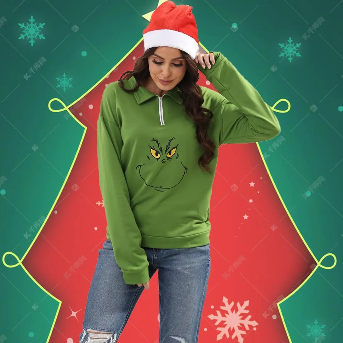 New Pullover Ugly Christmas Sweaters Cartoon Character Green Monster Print Unisex Sweatshirt with Christmas Hat