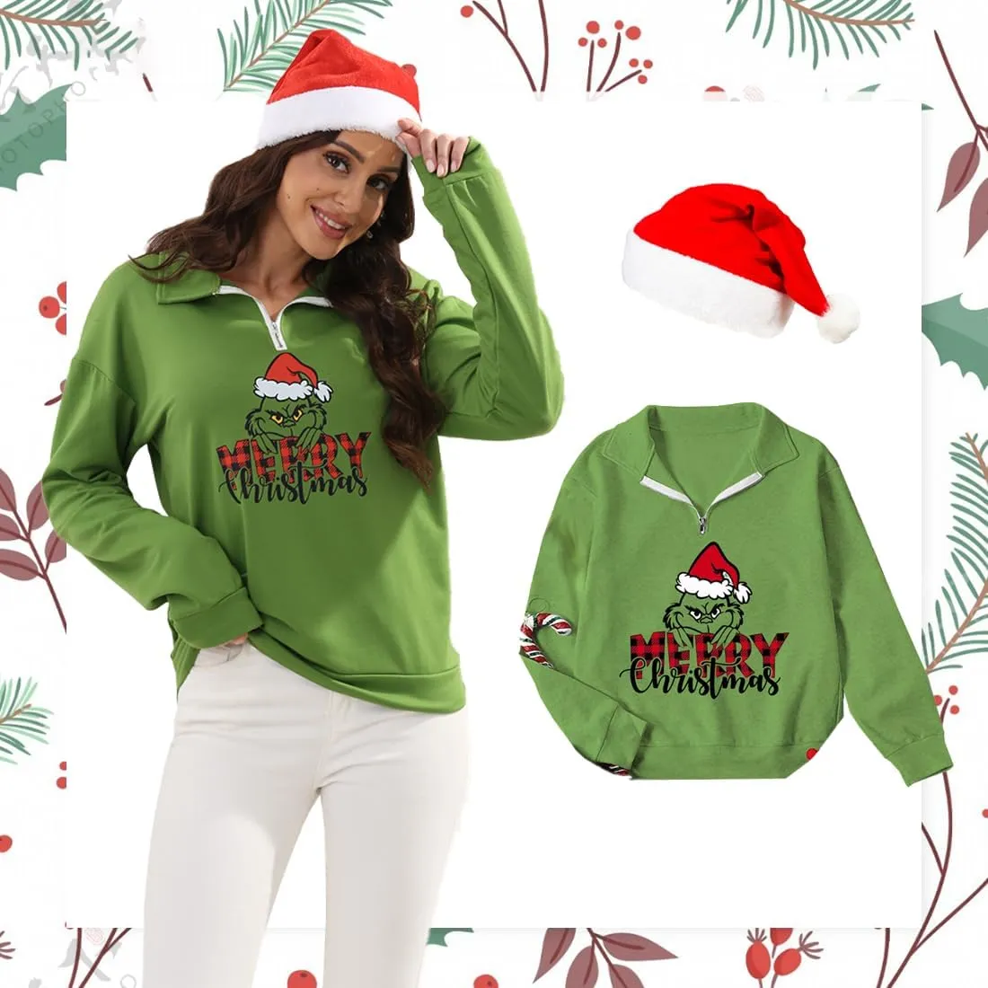 New Pullover Ugly Christmas Sweaters Cartoon Character Green Monster Print Unisex Sweatshirt with Christmas Hat