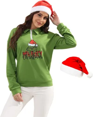 New Pullover Ugly Christmas Sweaters Cartoon Character Green Monster Print Unisex Sweatshirt with Christmas Hat
