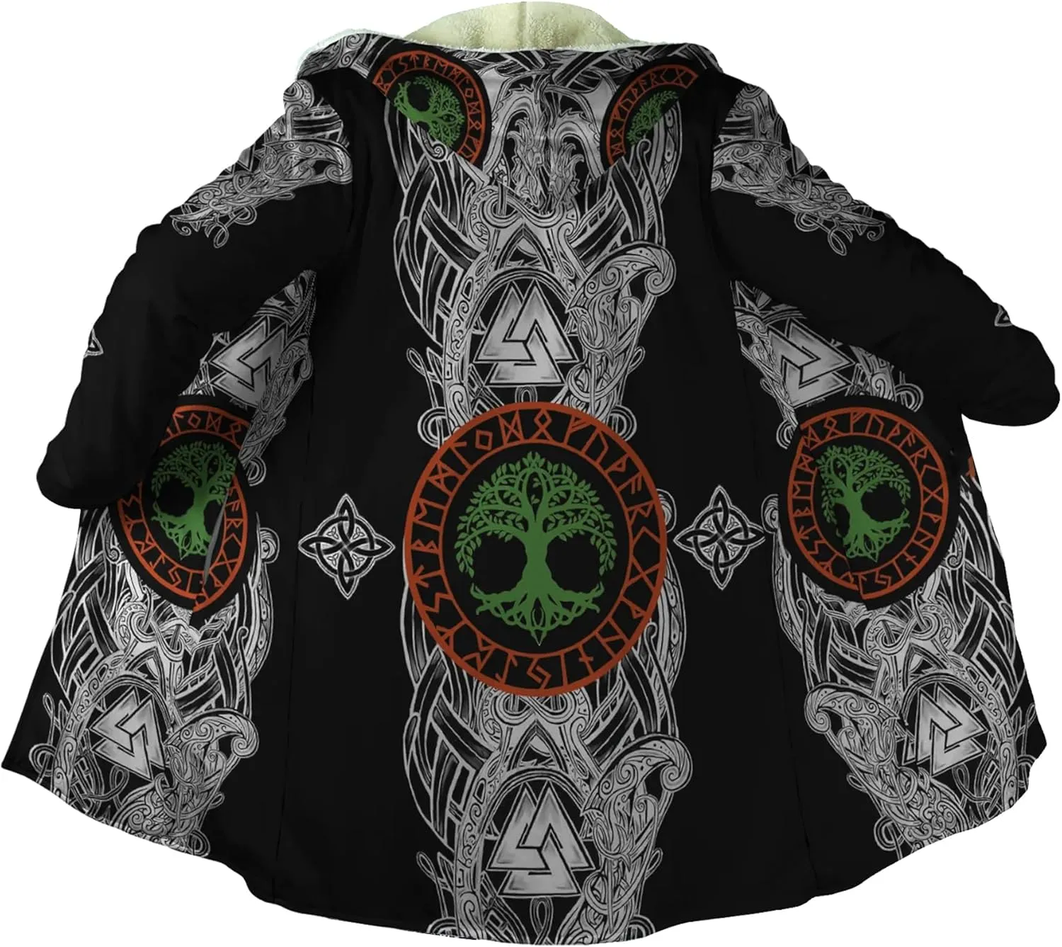 Norse Myth Nine Realms Winter Coats for Men Plus Size Viking Runes Fuzzy Soft Faux Cashmere Hooded Cloak, Parka Robe