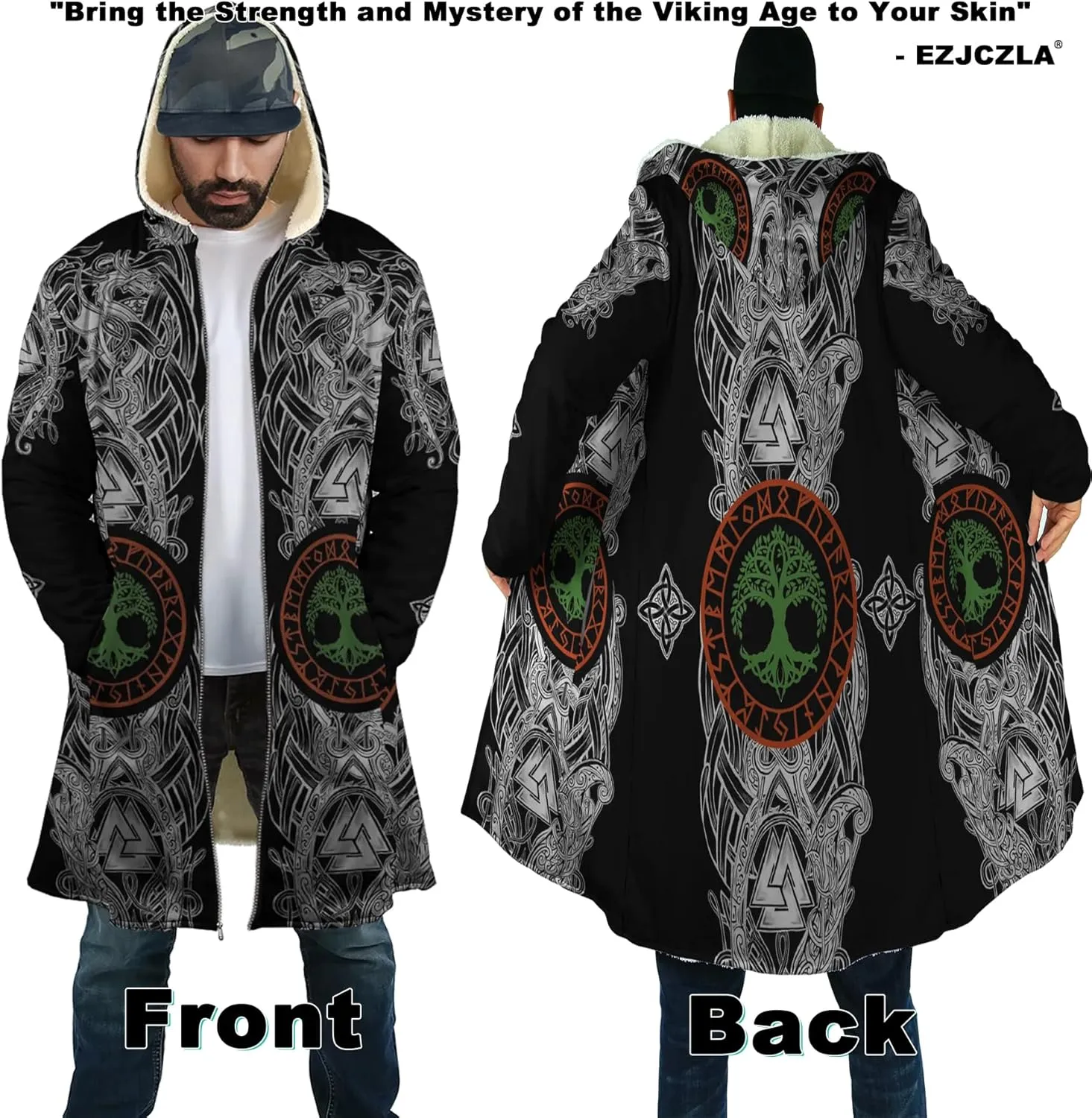 Norse Myth Nine Realms Winter Coats for Men Plus Size Viking Runes Fuzzy Soft Faux Cashmere Hooded Cloak, Parka Robe