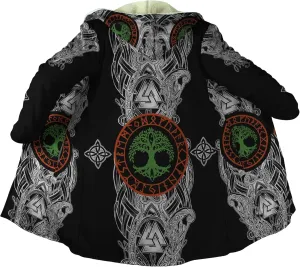 Norse Myth Nine Realms Winter Coats for Men Plus Size Viking Runes Fuzzy Soft Faux Cashmere Hooded Cloak, Parka Robe