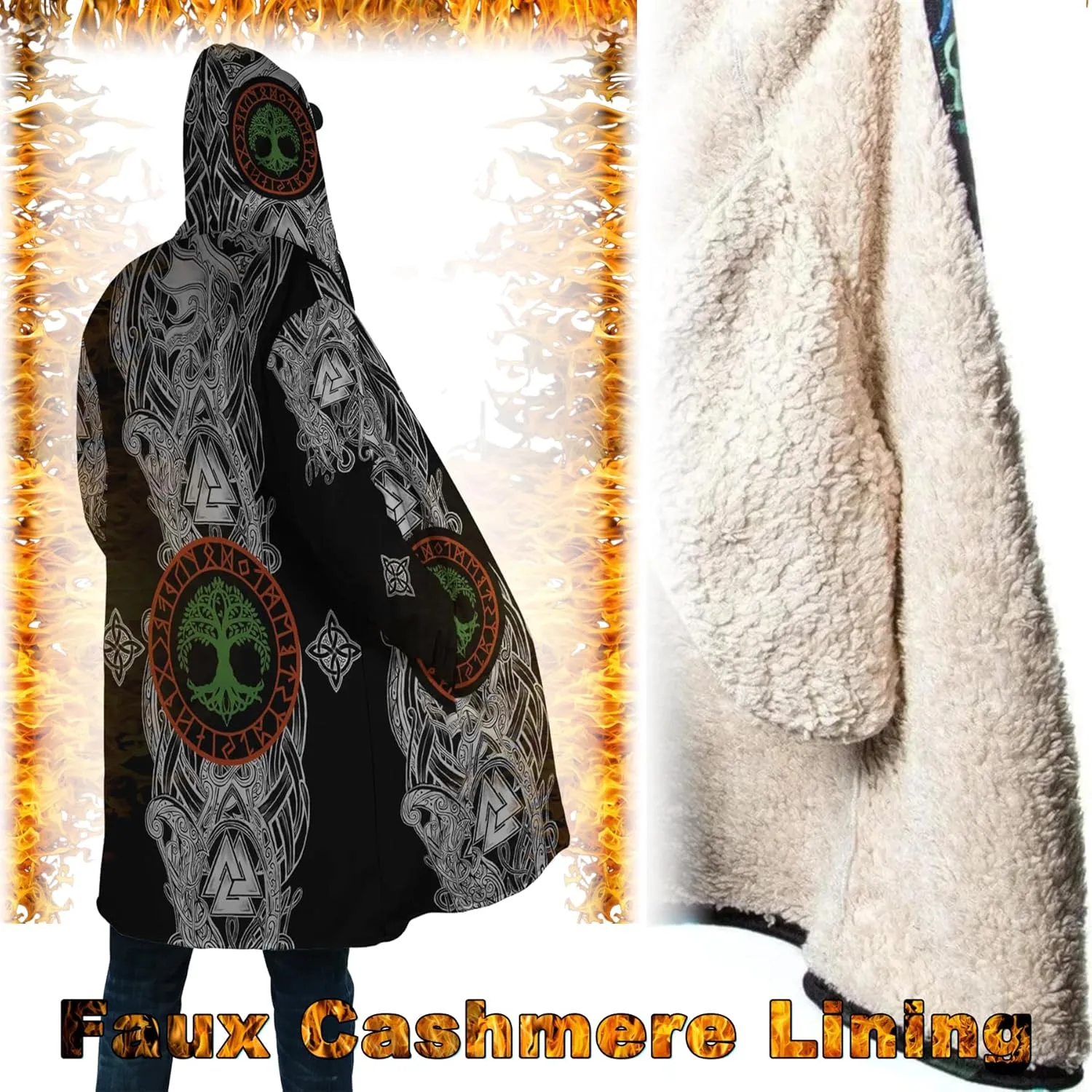 Norse Myth Nine Realms Winter Coats for Men Plus Size Viking Runes Fuzzy Soft Faux Cashmere Hooded Cloak, Parka Robe