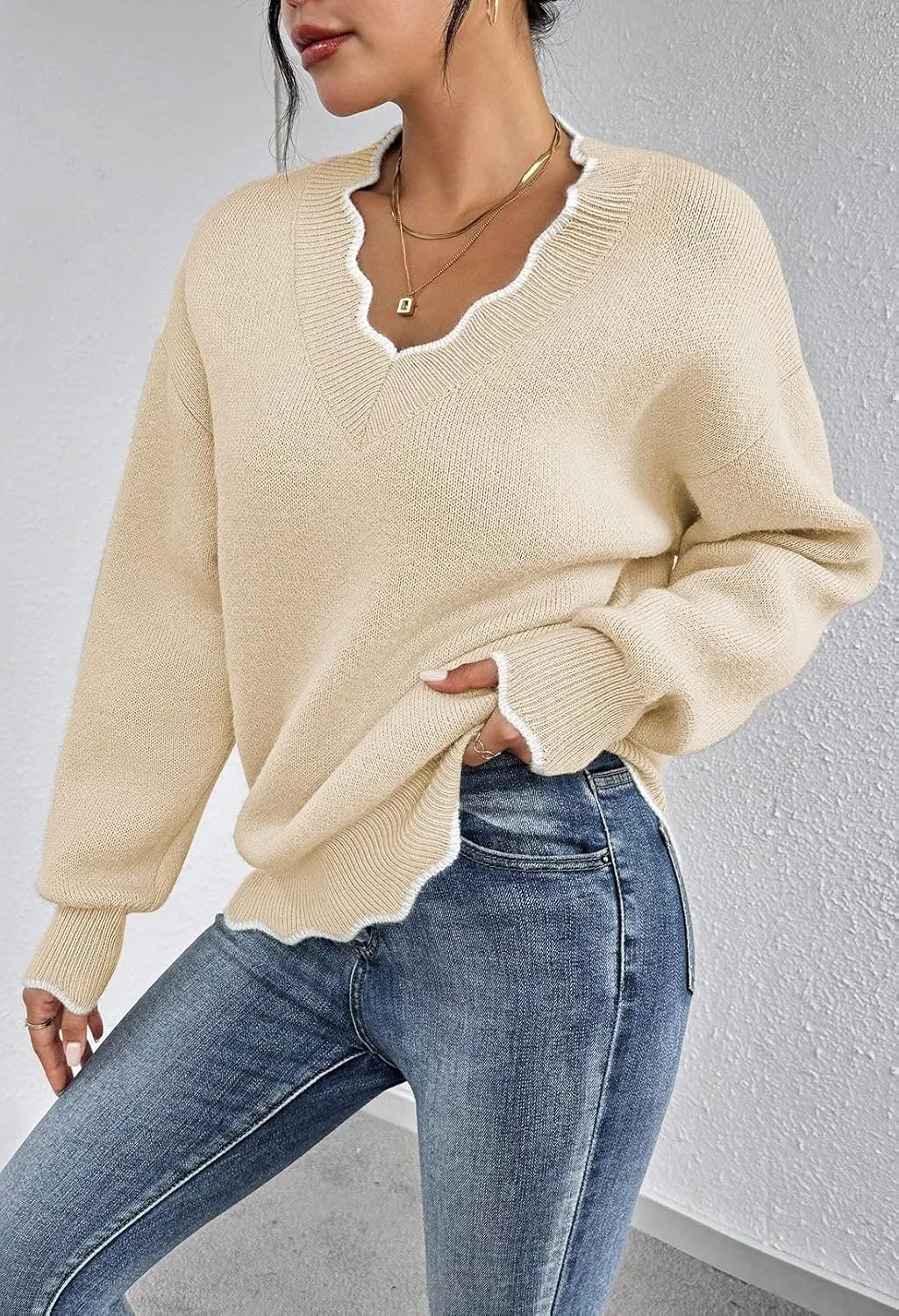 Pink Queen Women's Oversized V Neck Fuzzy Sweaters 2024 Casual Loose Long Sleeve Chunky Knit Pullover Jumper Tops
