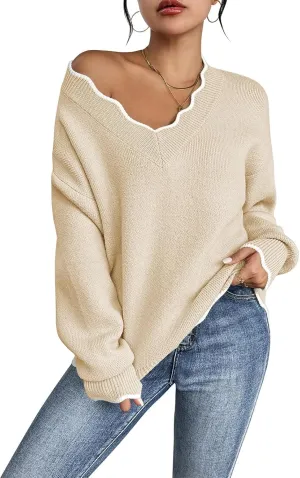 Pink Queen Women's Oversized V Neck Fuzzy Sweaters 2024 Casual Loose Long Sleeve Chunky Knit Pullover Jumper Tops