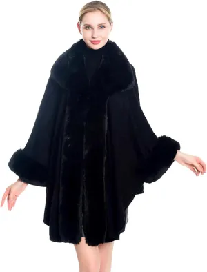Poncho-Fur-Coat-Cape-Faux Fur-Ruana-blanket-Caplet-Wrap-Shrug-Sweater-dress shawl (Black Wool blend cape with faux fur trim)