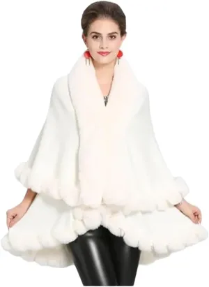 Poncho-Fur-Coat-Cape-Faux Fur-Ruana-blanket-Caplet-Wrap-Shrug-Sweater-dress shawl (White Wool blend cape with faux fur trim)