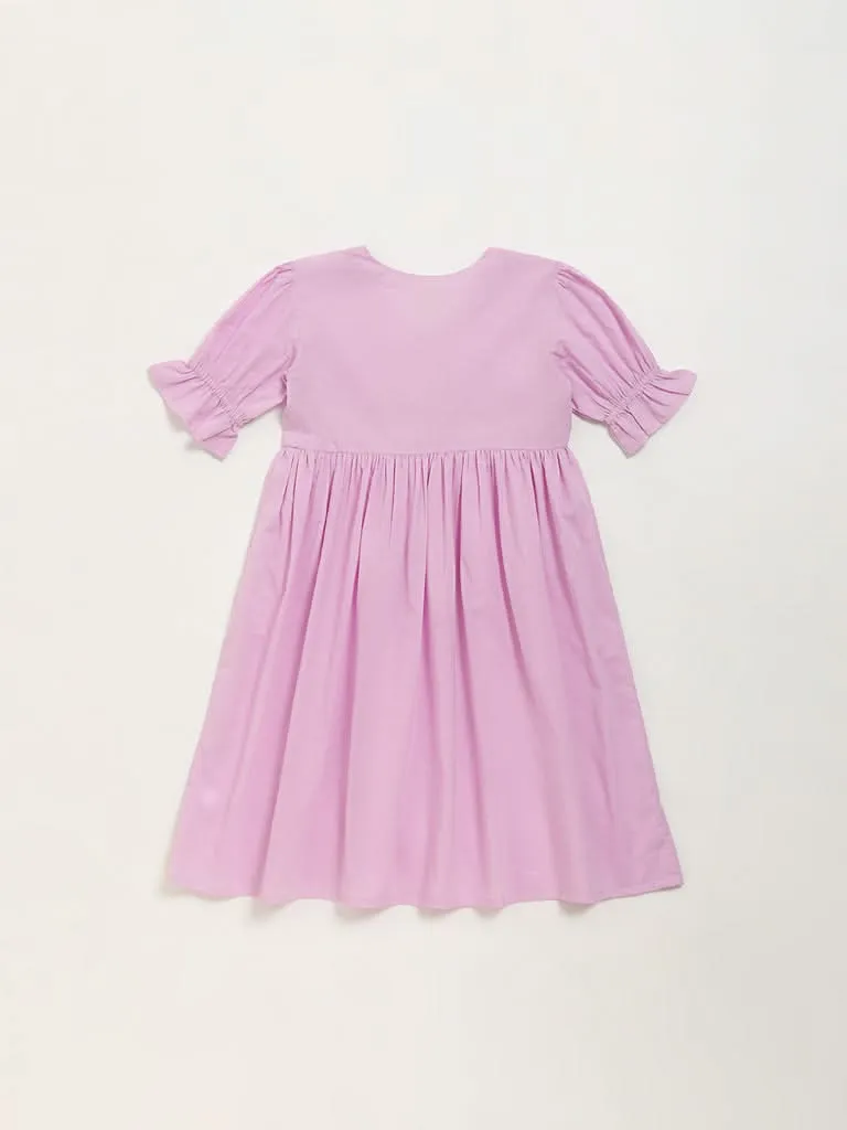 Utsa Kids Purple Floral Embroidered Empire-Line Cotton Dress (8 -14yrs)