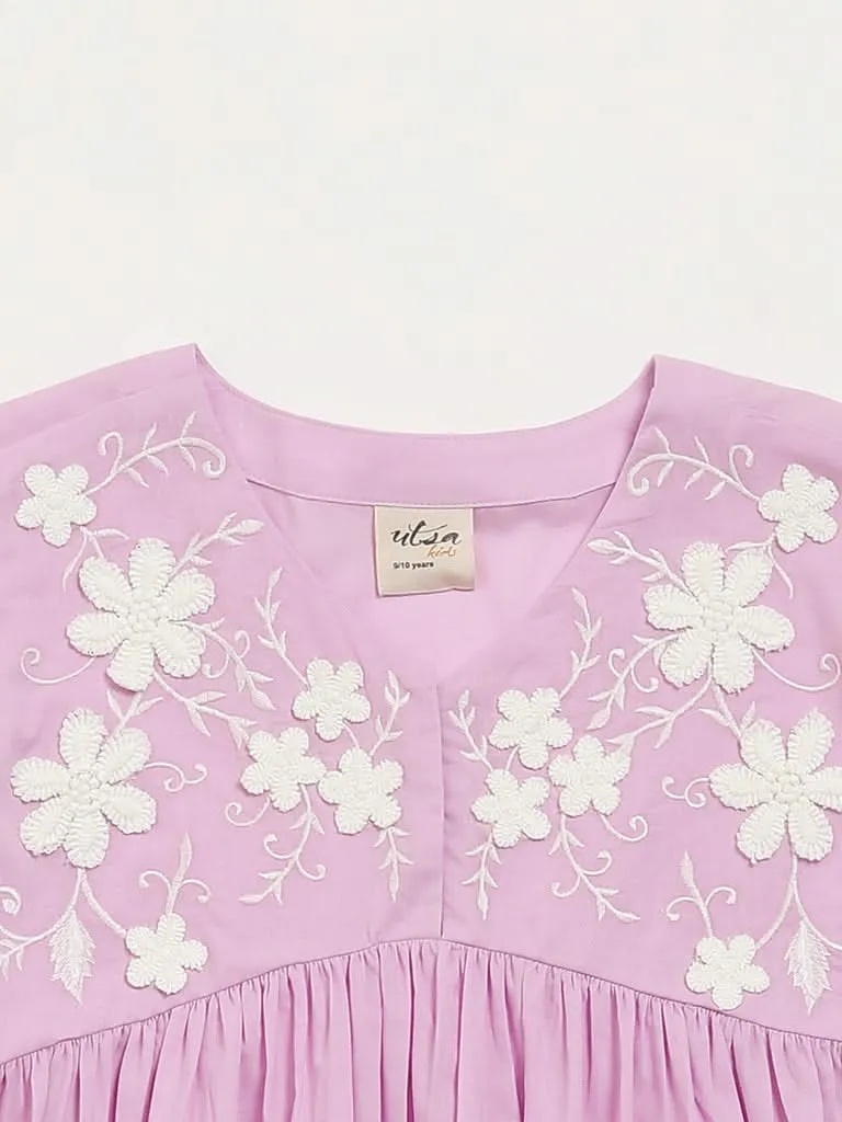 Utsa Kids Purple Floral Embroidered Empire-Line Cotton Dress (8 -14yrs)