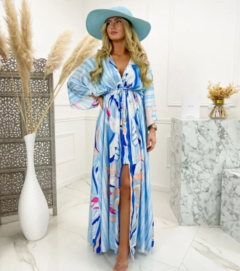 V-neck short sleeve print swing long dress