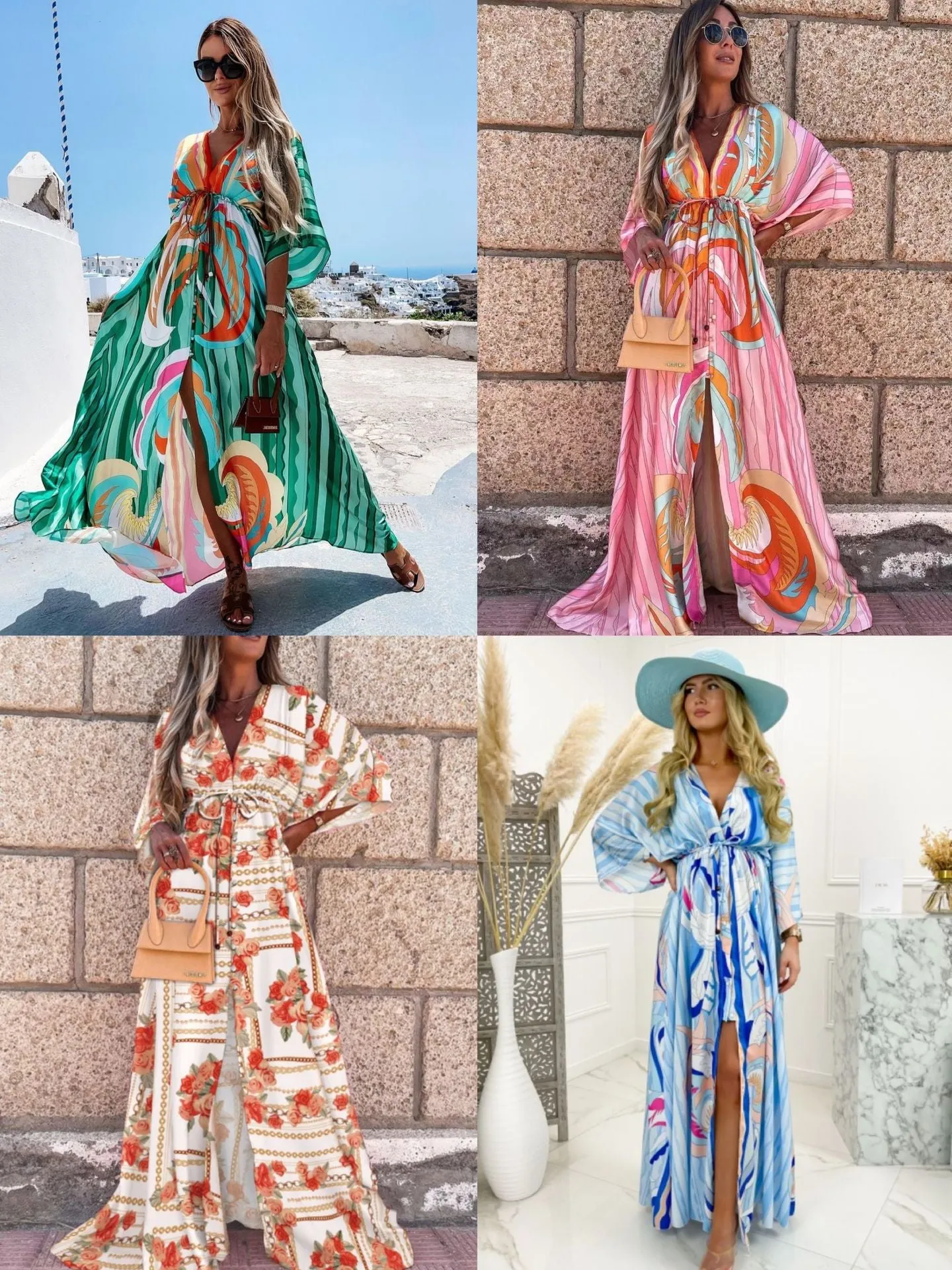 V-neck short sleeve print swing long dress