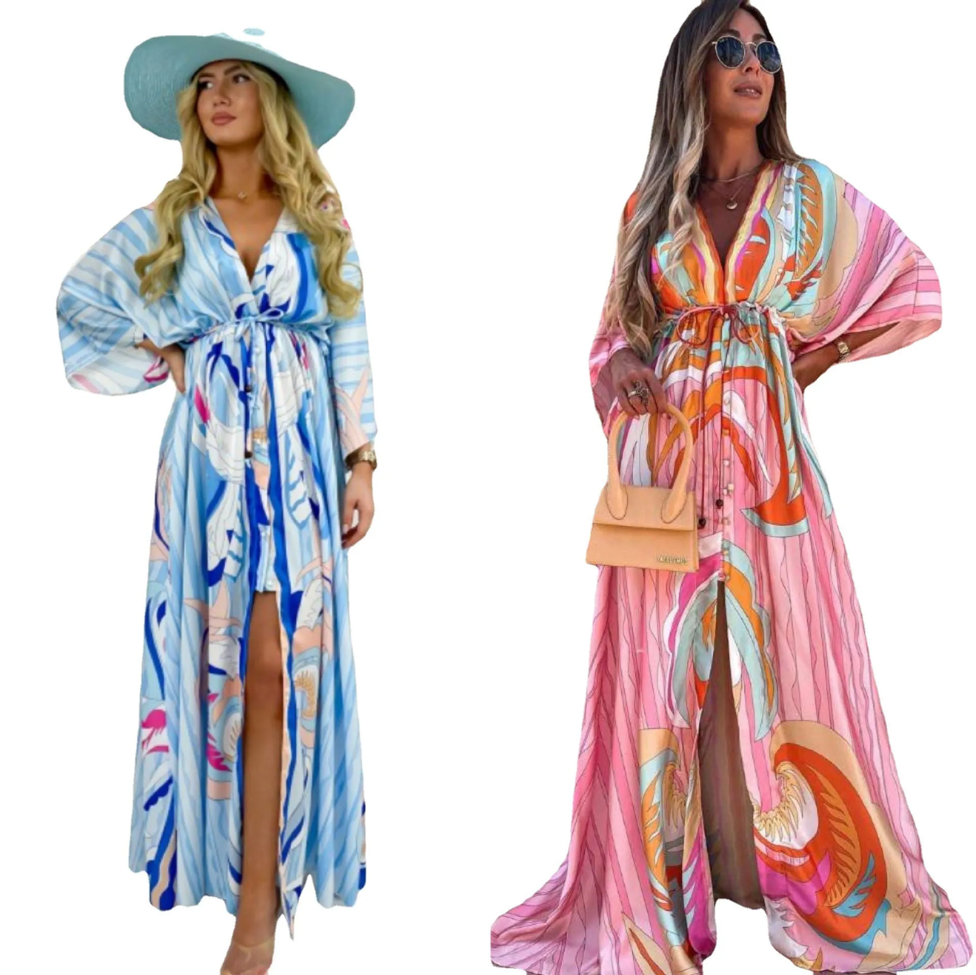 V-neck short sleeve print swing long dress