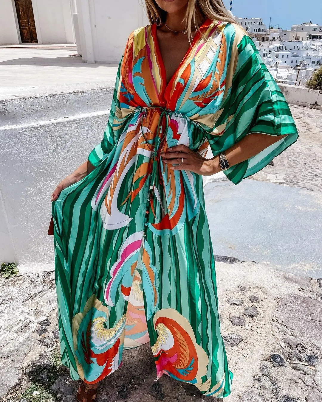 V-neck short sleeve print swing long dress
