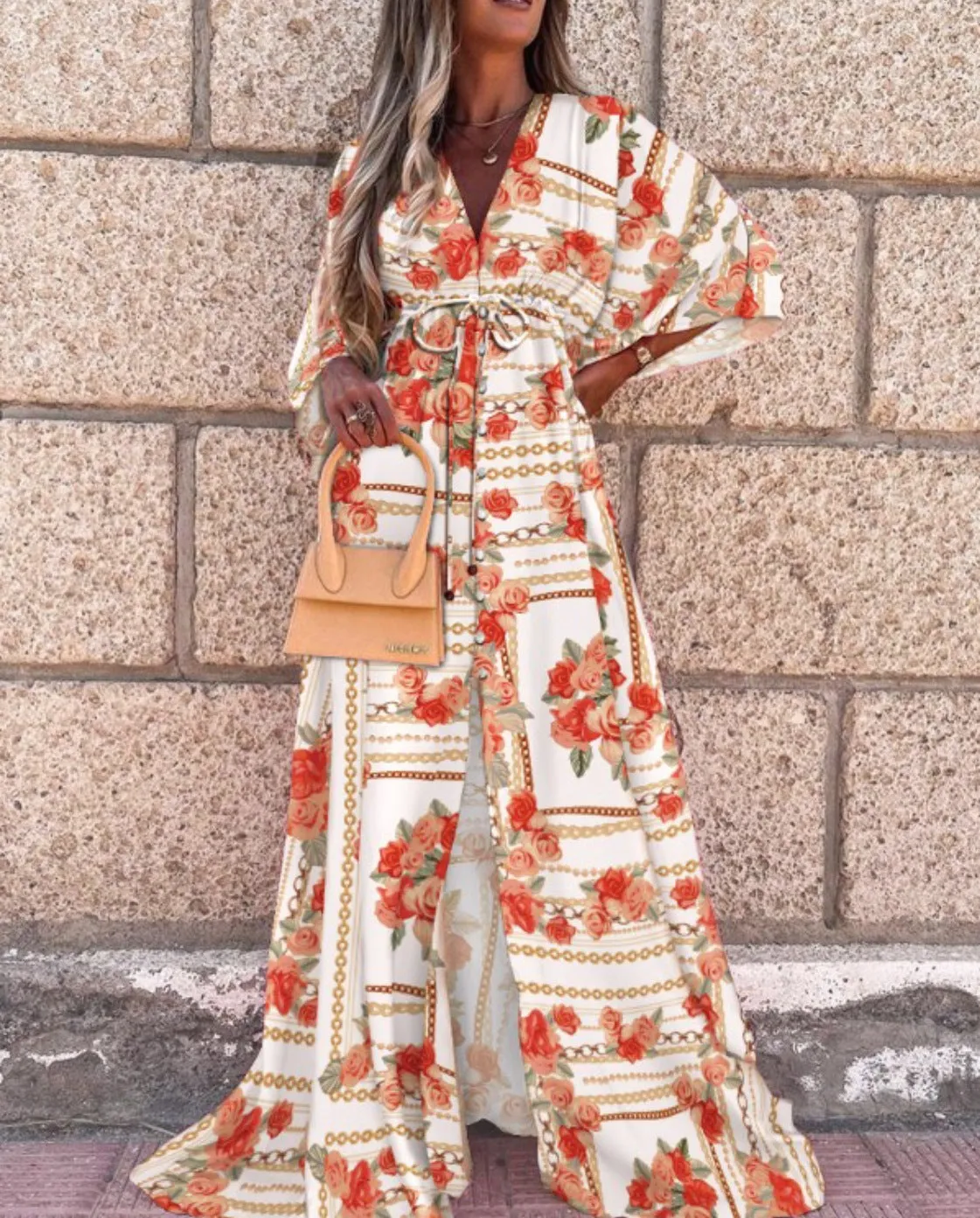 V-neck short sleeve print swing long dress