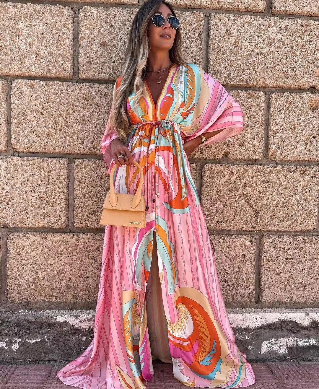 V-neck short sleeve print swing long dress