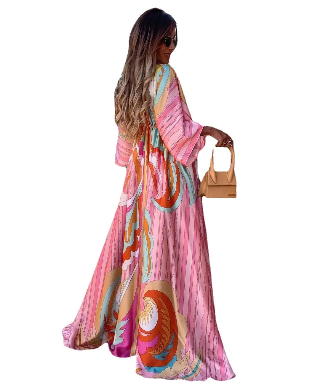 V-neck short sleeve print swing long dress