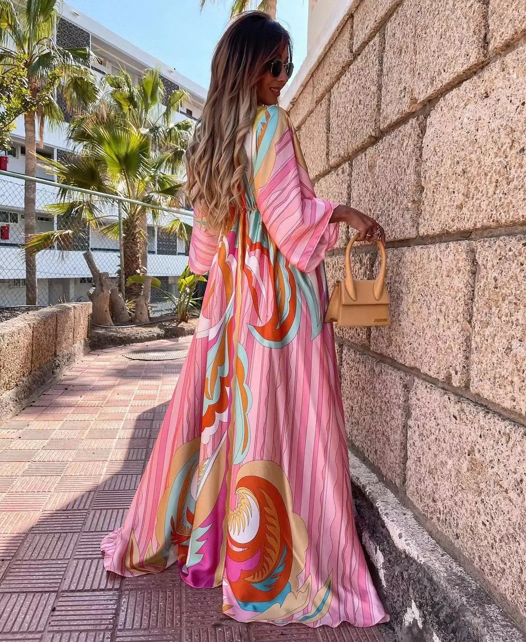 V-neck short sleeve print swing long dress