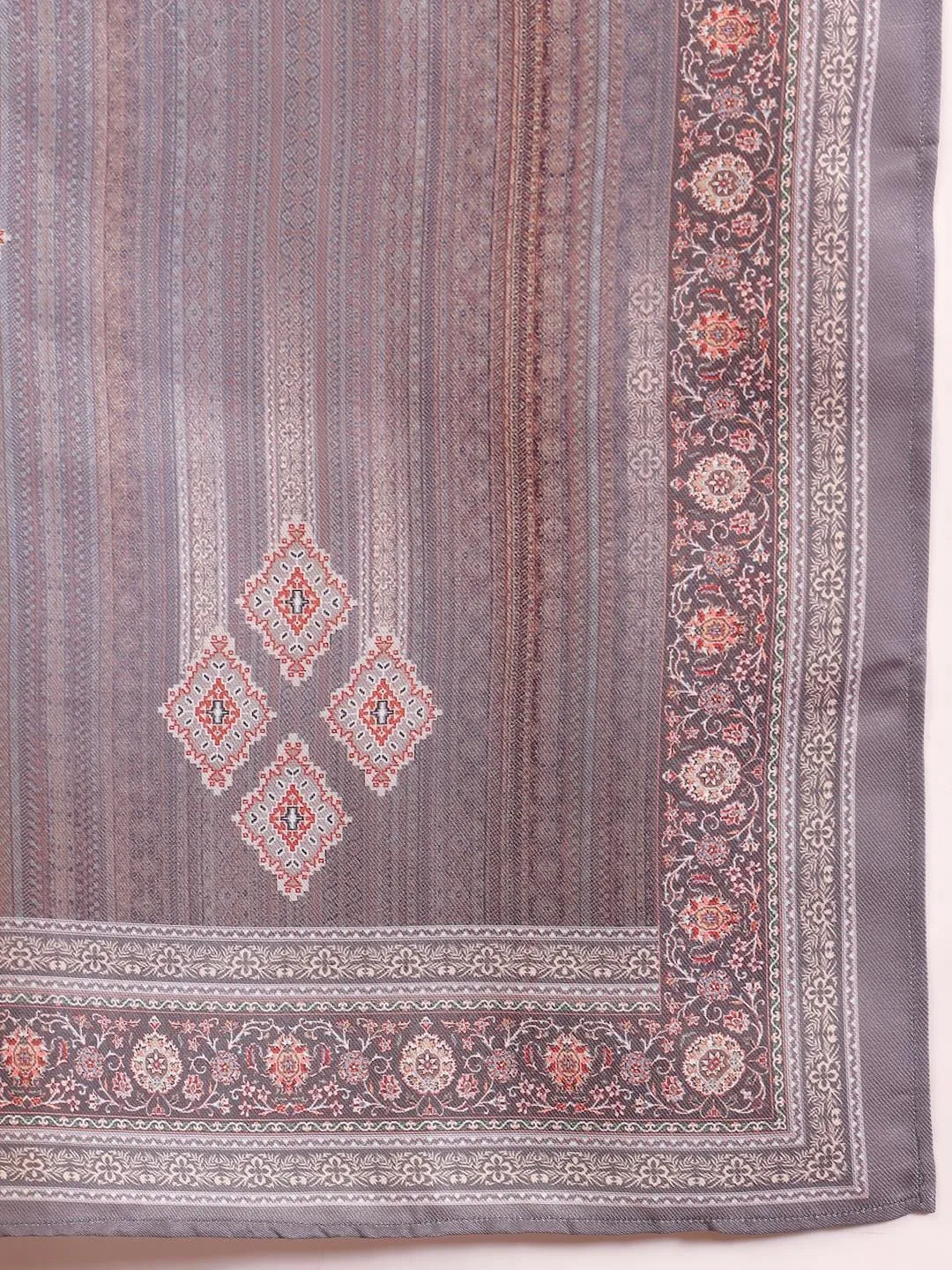 Varanga Women Grey Geometric Printed Winter Straight Kurta With Trousers And Printed Dupatta.