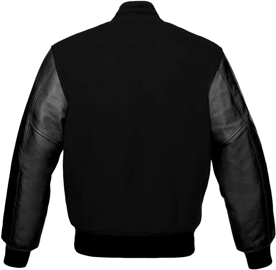Varsity Baseball Letterman Bomber School Collage Black Wool & Genuine Black Leather Sleeves Jacket
