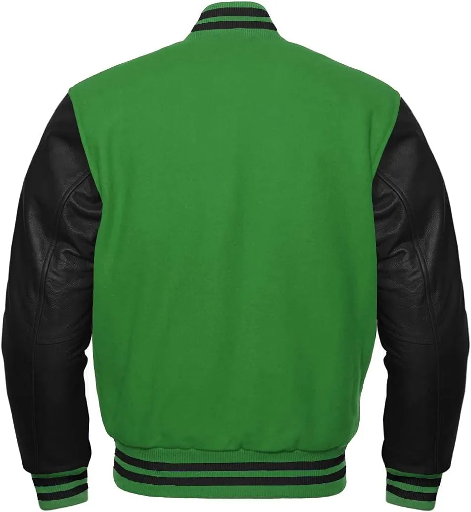 Varsity Letterman Wool & Black Genuine Leather Sleeves Bomber Style Baseball Jacket