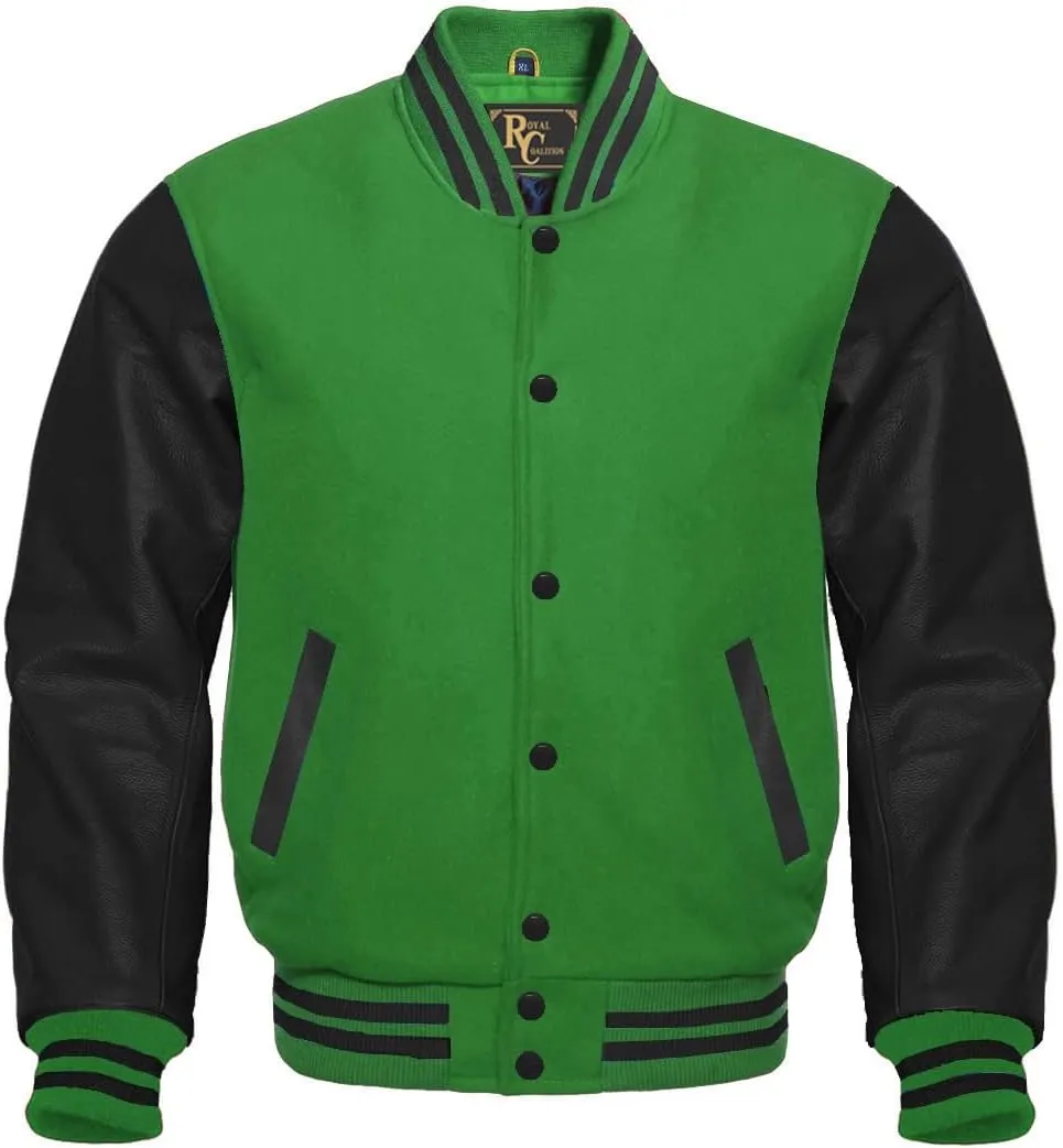 Varsity Letterman Wool & Black Genuine Leather Sleeves Bomber Style Baseball Jacket