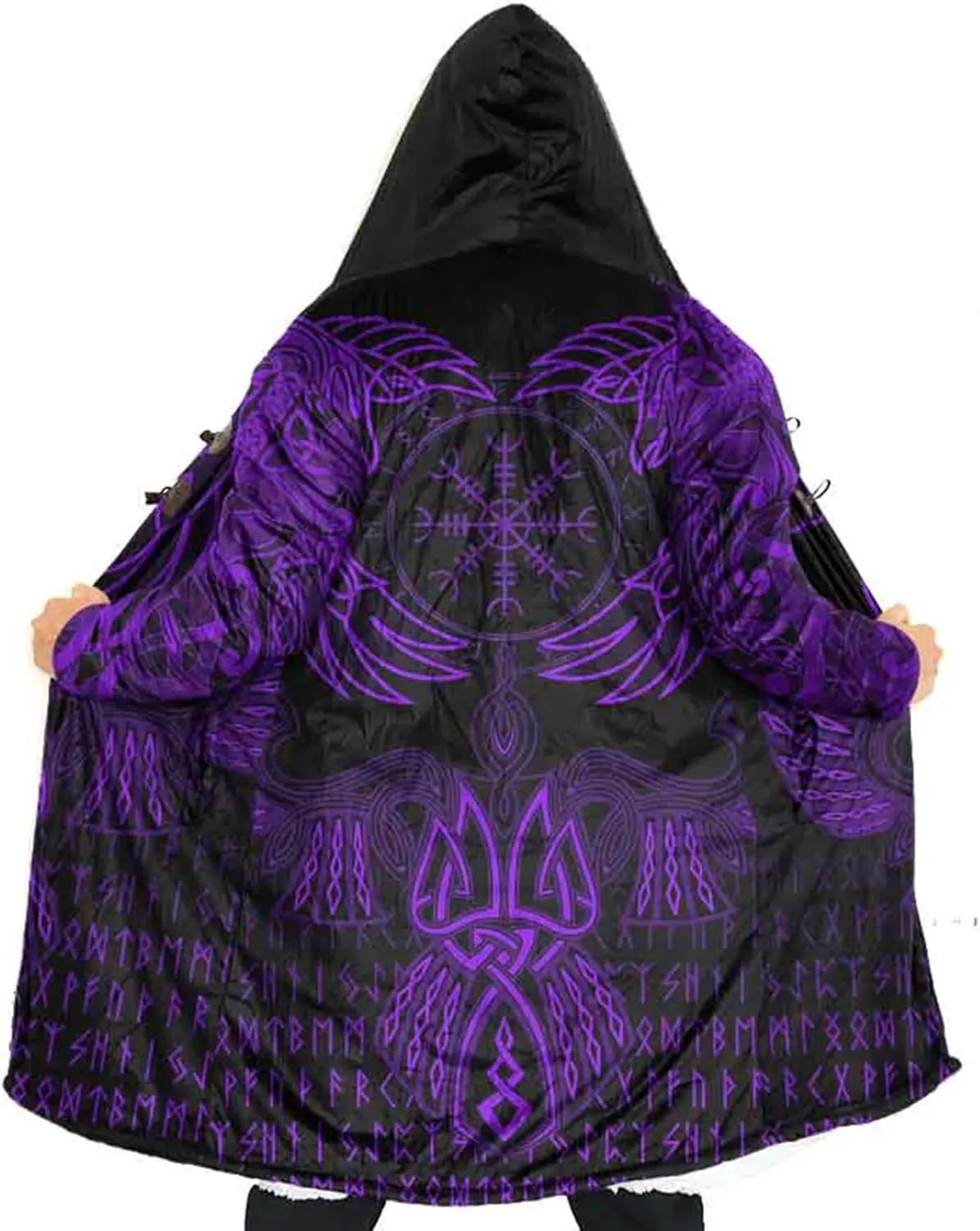 Viking Mens Winter Coat Norse Mythology Raven Tattoo Parka Cloak Warm Cashmere Lining Jacket Novelty Trench Coat Outwear