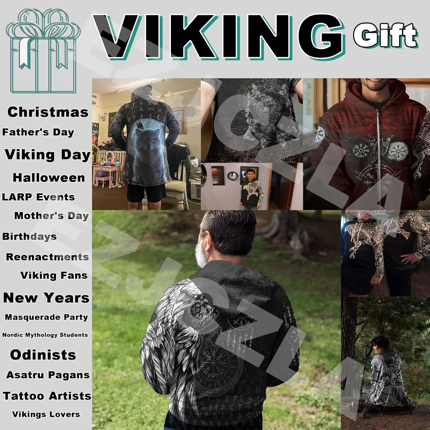 Viking Mens Winter Coat Norse Mythology Raven Tattoo Parka Cloak Warm Cashmere Lining Jacket Novelty Trench Coat Outwear