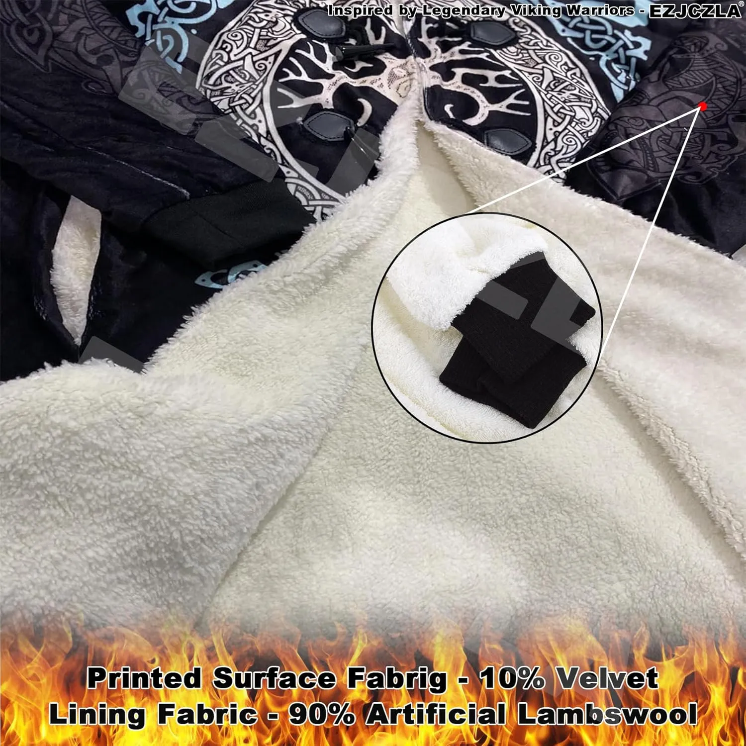 Viking Mens Winter Coat Norse Mythology Raven Tattoo Parka Cloak Warm Cashmere Lining Jacket Novelty Trench Coat Outwear