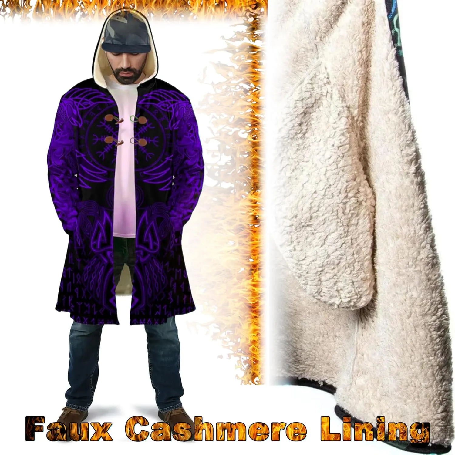 Viking Mens Winter Coat Norse Mythology Raven Tattoo Parka Cloak Warm Cashmere Lining Jacket Novelty Trench Coat Outwear