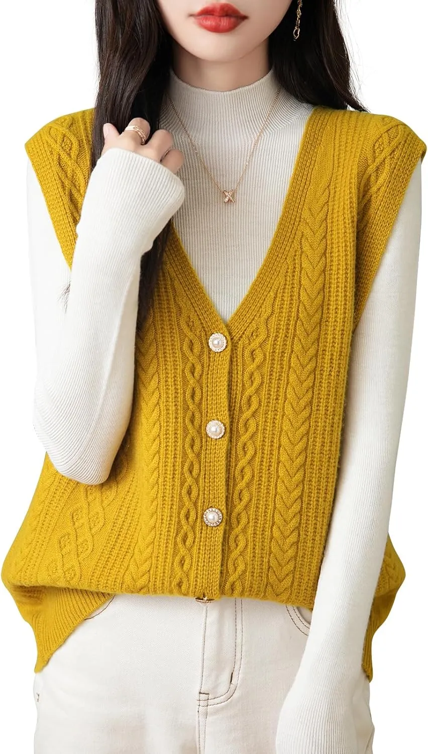 Women's 100% Merino Wool Sweater Vest 2025 Fall Winter V Neck Button Down Sleeveless Cable Knit Sweater Vest