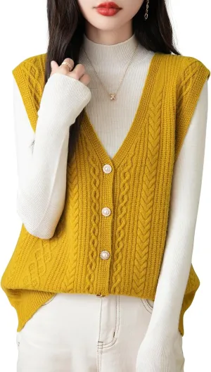 Women's 100% Merino Wool Sweater Vest 2025 Fall Winter V Neck Button Down Sleeveless Cable Knit Sweater Vest