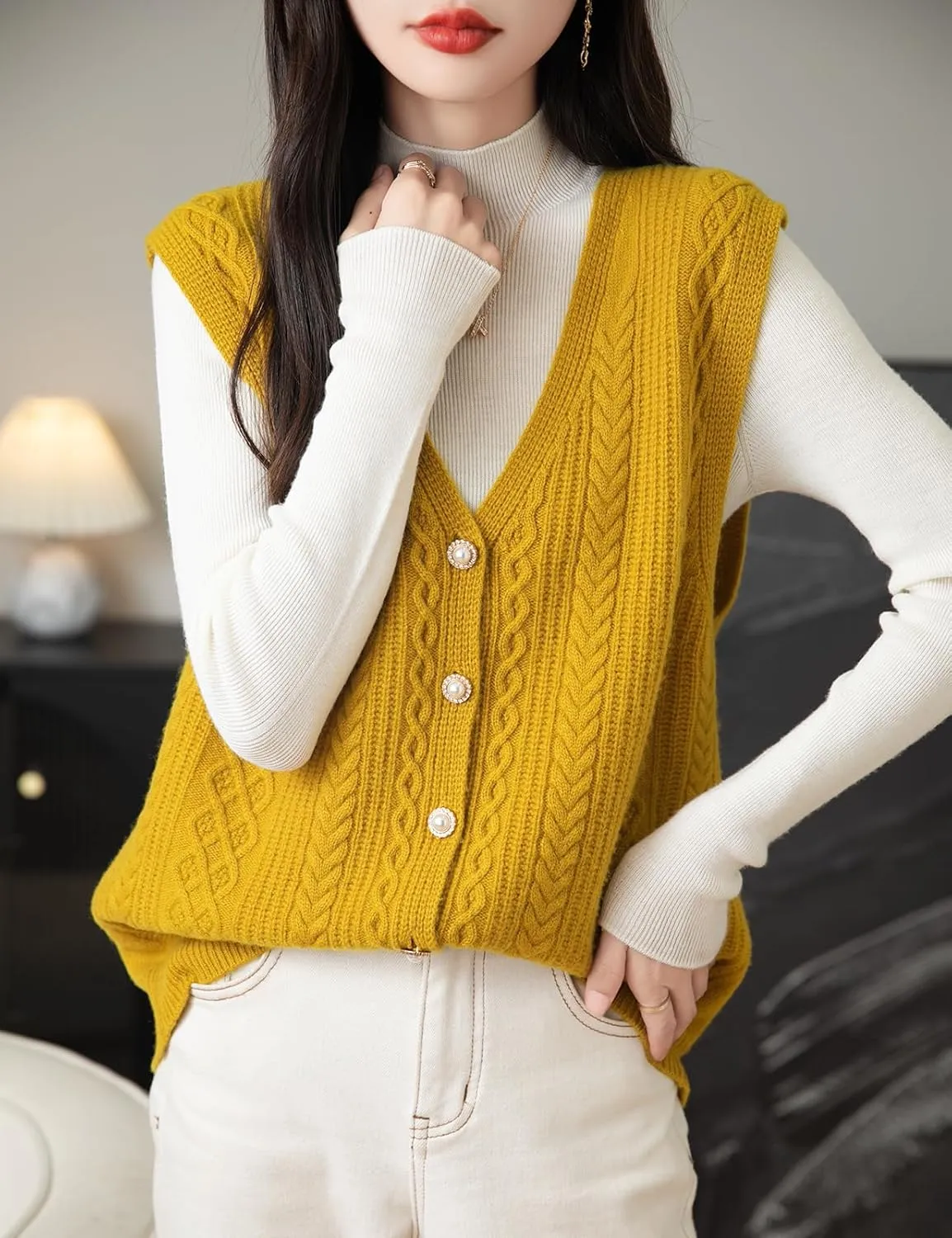 Women's 100% Merino Wool Sweater Vest 2025 Fall Winter V Neck Button Down Sleeveless Cable Knit Sweater Vest