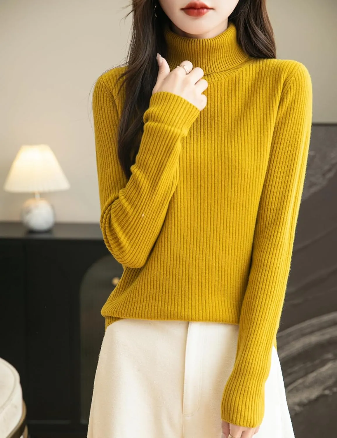 Women's 100% Merino Wool Turtleneck Sweater 2025 Fall Winter Long Sleeve Warm Soft Ribbed Knit Pullover Sweater